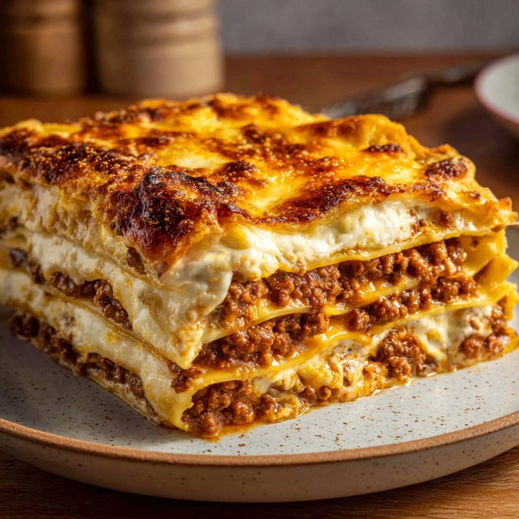Ultimative Rindfleisch-Lasagne ohne wässrige Soße. Ein Anschnitt zeigt die saftigen Schichten von Hackfleischsoße und Béchamel.