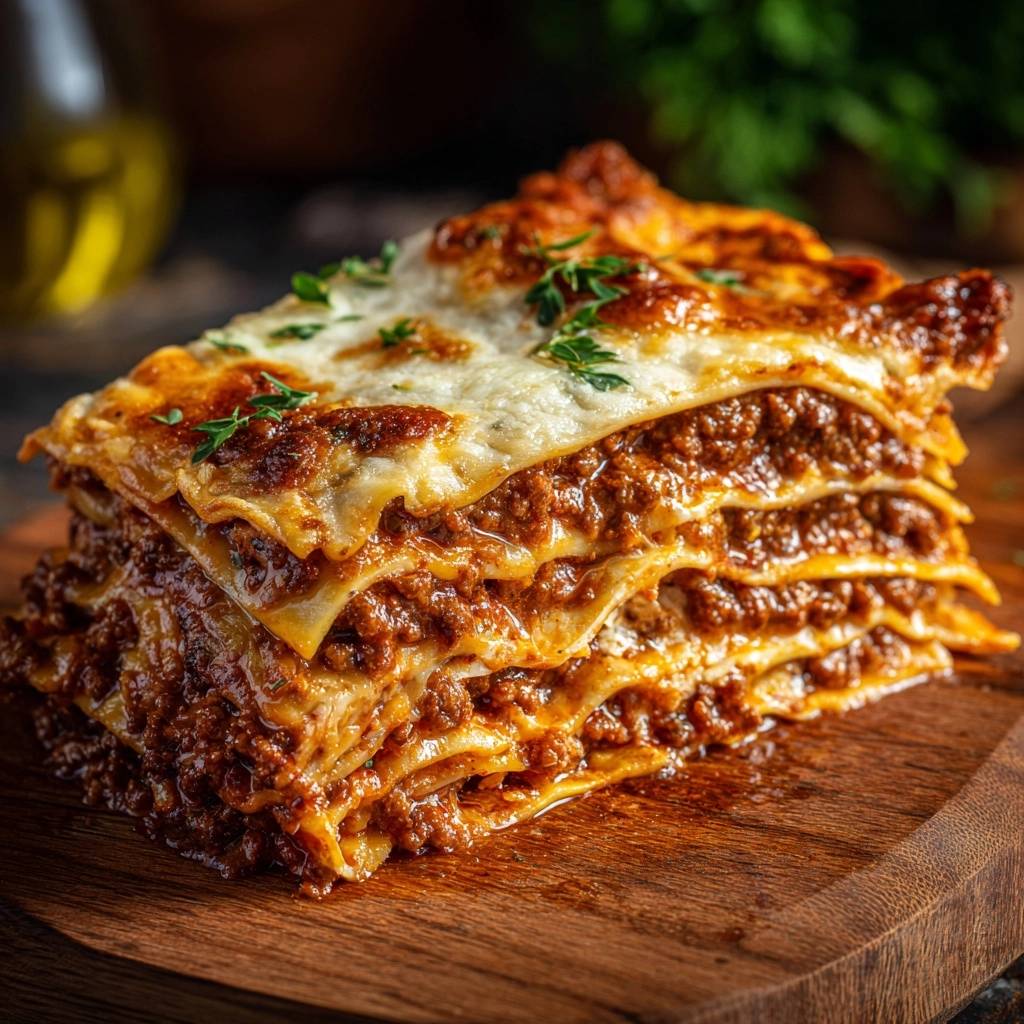 Ultimative Rindfleisch-Lasagne ohne wässrige Soße im detailreichen Querschnitt auf einem Holzbrett