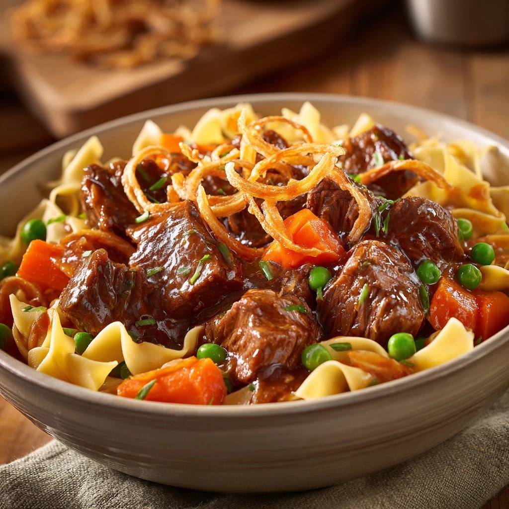 Zartes Rindfleischgulasch mit Nudeln, Karotten und Erbsen, garniert mit knusprigen Zwiebelringen in einer Schüssel
