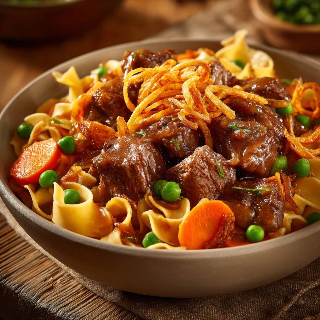 Zartes Rindfleischgulasch mit Nudeln, Karotten und Erbsen, garniert mit knusprigen Zwiebelringen, in einer Schüssel serviert.