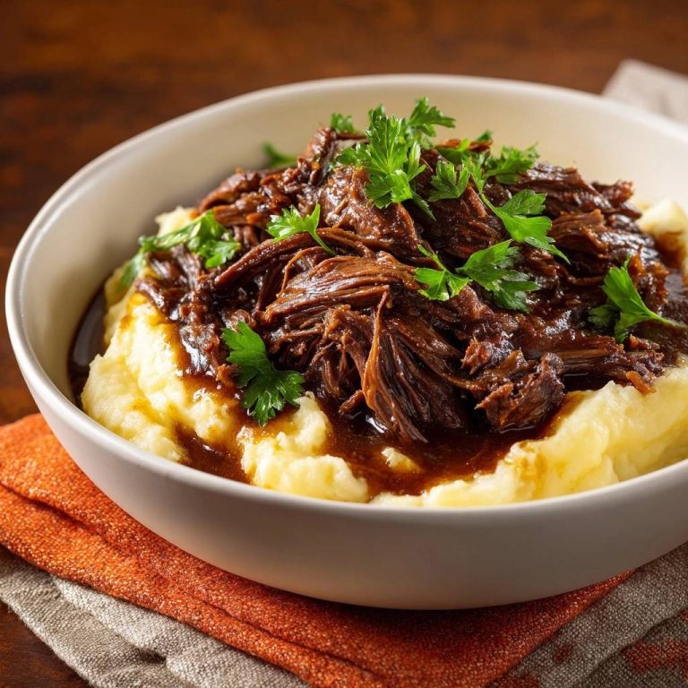 Zartes Rindfleischragout mit Kartoffelpüree und frischer Petersilie als Garnitur, Nahaufnahme einer Portion im Teller.