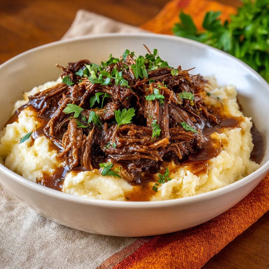 Zartes Rindfleischragout mit Kartoffelpüree, nahaufnahme von Rindfleisch mit Sauce und Petersilien-Garnitur.