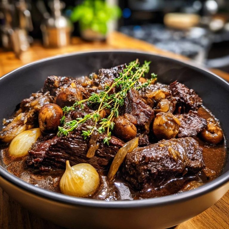 Rustikales Rindfleischragout mit Pilzen und Perlzwiebeln, eine Nahaufnahme mit frischem Thymian garniert.