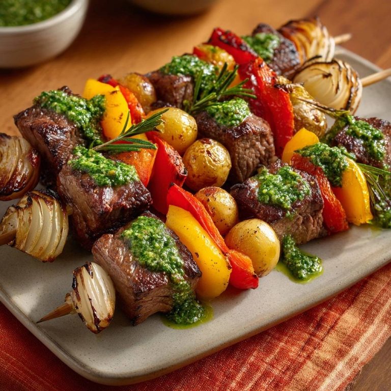 Saftige Rindfleischspieße mit Chimichurri, detailreiche Nahaufnahme der grünen Sauce auf gegrilltem Fleisch und Gemüse.