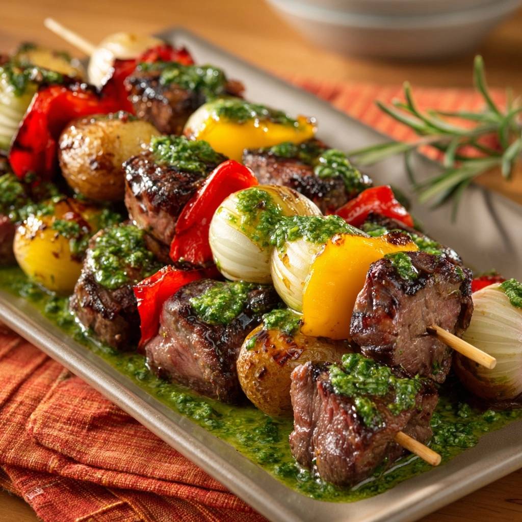 Saftige Rindfleischspieße mit Chimichurri, detailreiche Nahaufnahme der üppigen grünen Sauce über den Spießen.