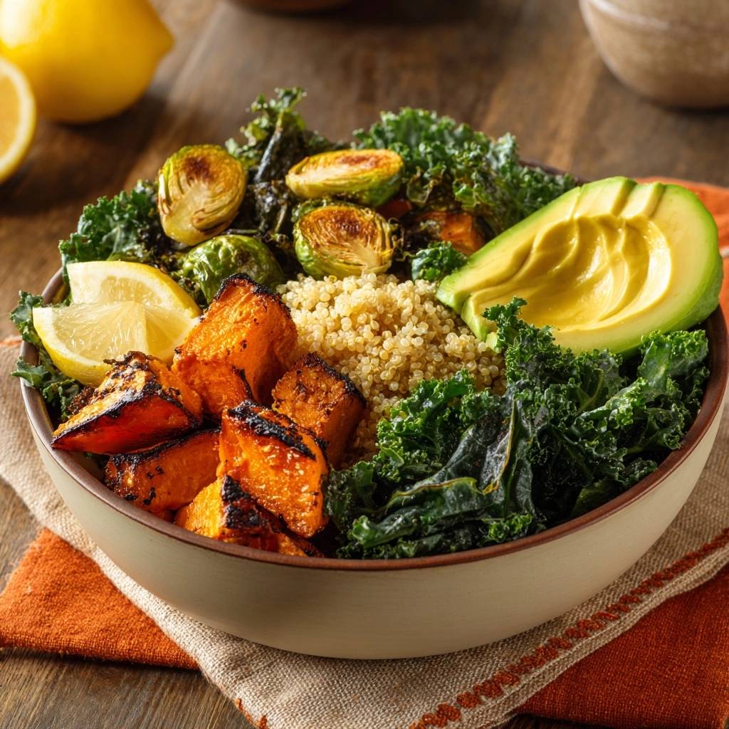 Knusprige Rosenkohl-Süßkartoffel-Power-Bowl mit Avocado und Zitrone, Nahaufnahme der einzelnen Komponenten im Detail.