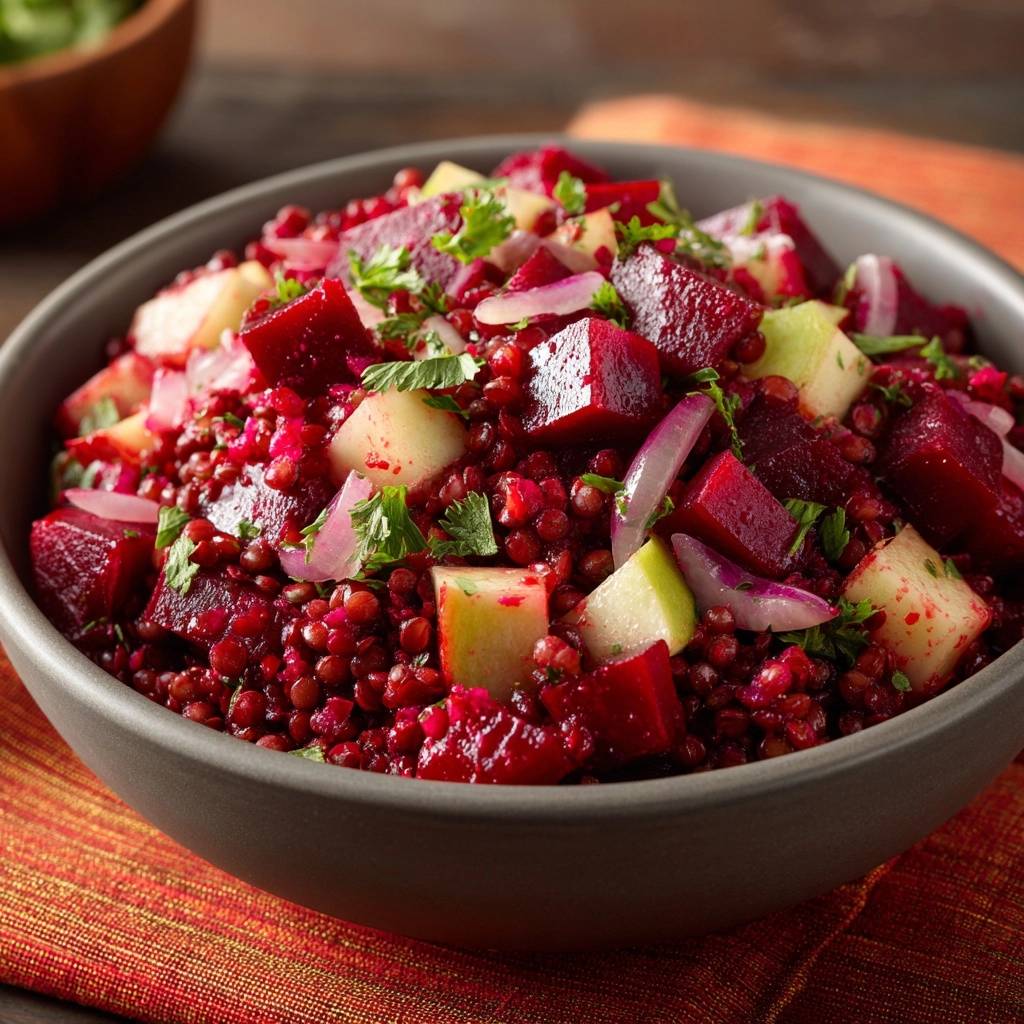 Knackiger Rote-Bete-Linsen-Salat mit Apfel und Granatapfel in einer grauen Schüssel, Nahaufnahme mit sichtbaren Zutaten.