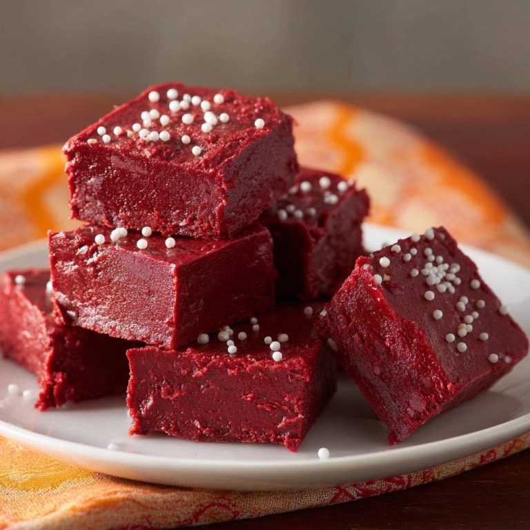 Roter Bete-Fudge garniert mit kleinen weißen Kügelchen, gestapelt auf einem Teller mit einem orangefarbenen Tuch.