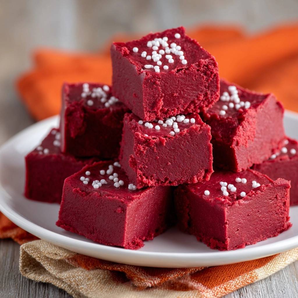 Roter Bete-Fudge gestapelt auf einem Teller, mit weißen Zuckerstreuseln garniert, zeigt die leuchtend rote Farbe.
