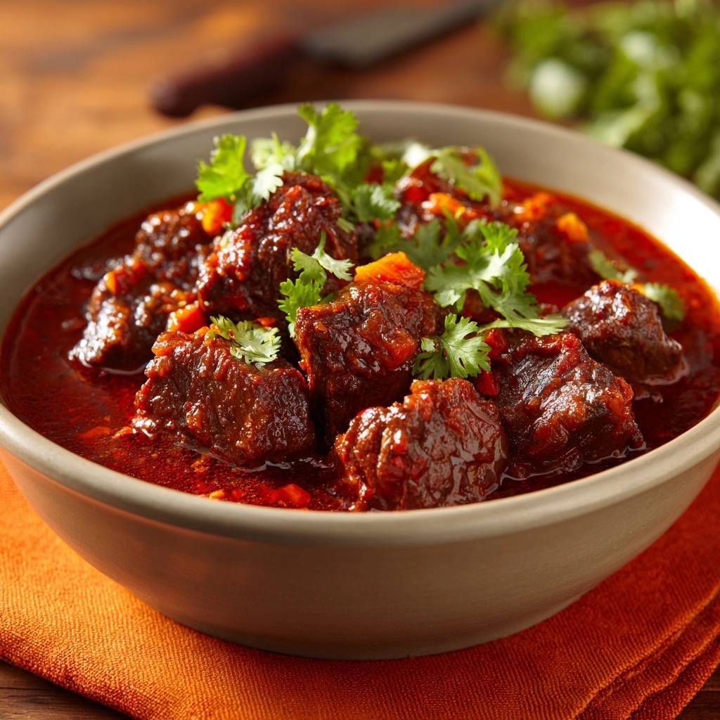 Rotes Rindfleisch-Curry, zart mit Natron-Trick, serviert in einer Schüssel und garniert mit frischem Koriander
