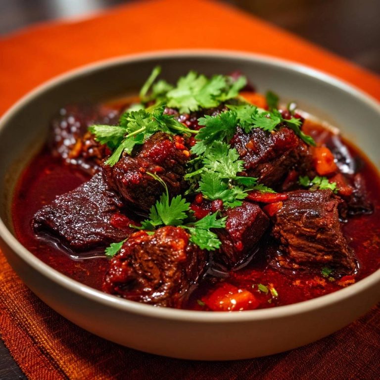 Rotes Rindfleisch-Curry, zart und saftig, garniert mit frischem Koriander und roten Chilistückchen in einer dunklen Sauce.