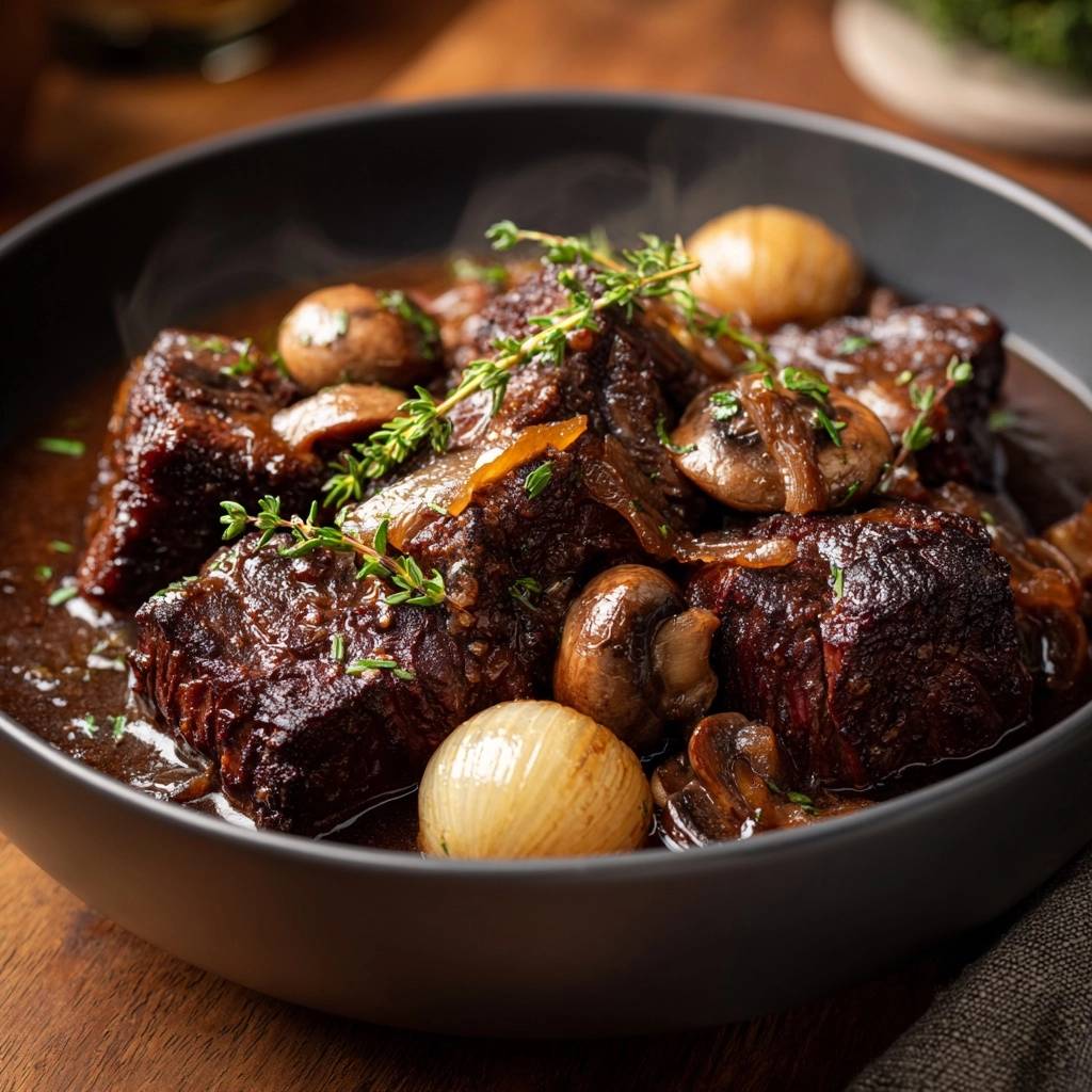 Rustikales Rindfleischragout mit Pilzen und Perlzwiebeln, eine dampfende Nahaufnahme der zarten Fleischstücke mit Kräutern garniert.