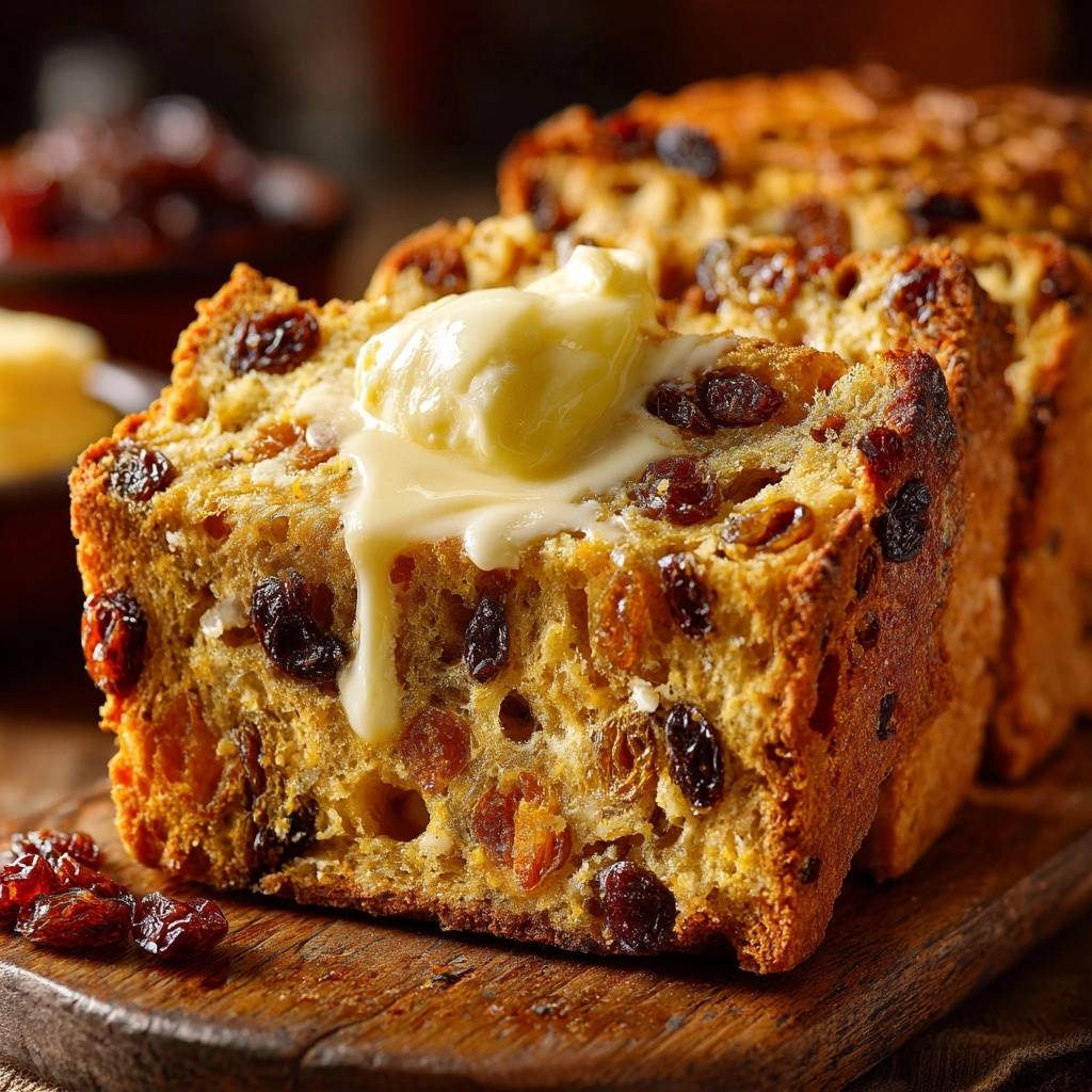 Rustikales Rosinenbrot angeschnitten mit einem Klecks schmelzender Butter darauf, gezeigt auf einem Holzbrett.