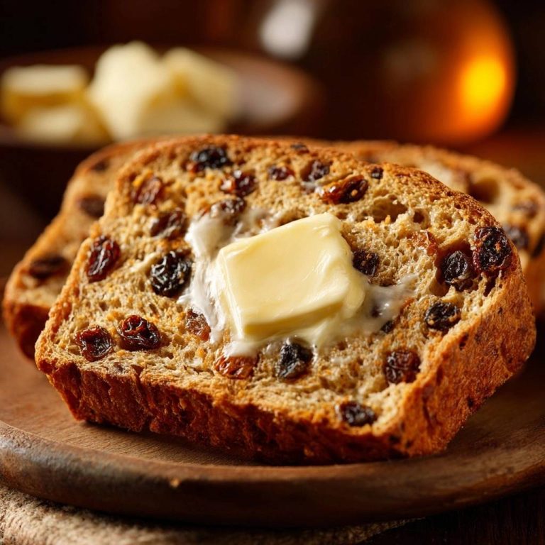 Rustikales Rosinenbrot mit einer Scheibe geschmolzener Butter, Nahaufnahme der Textur und des Innenlebens.