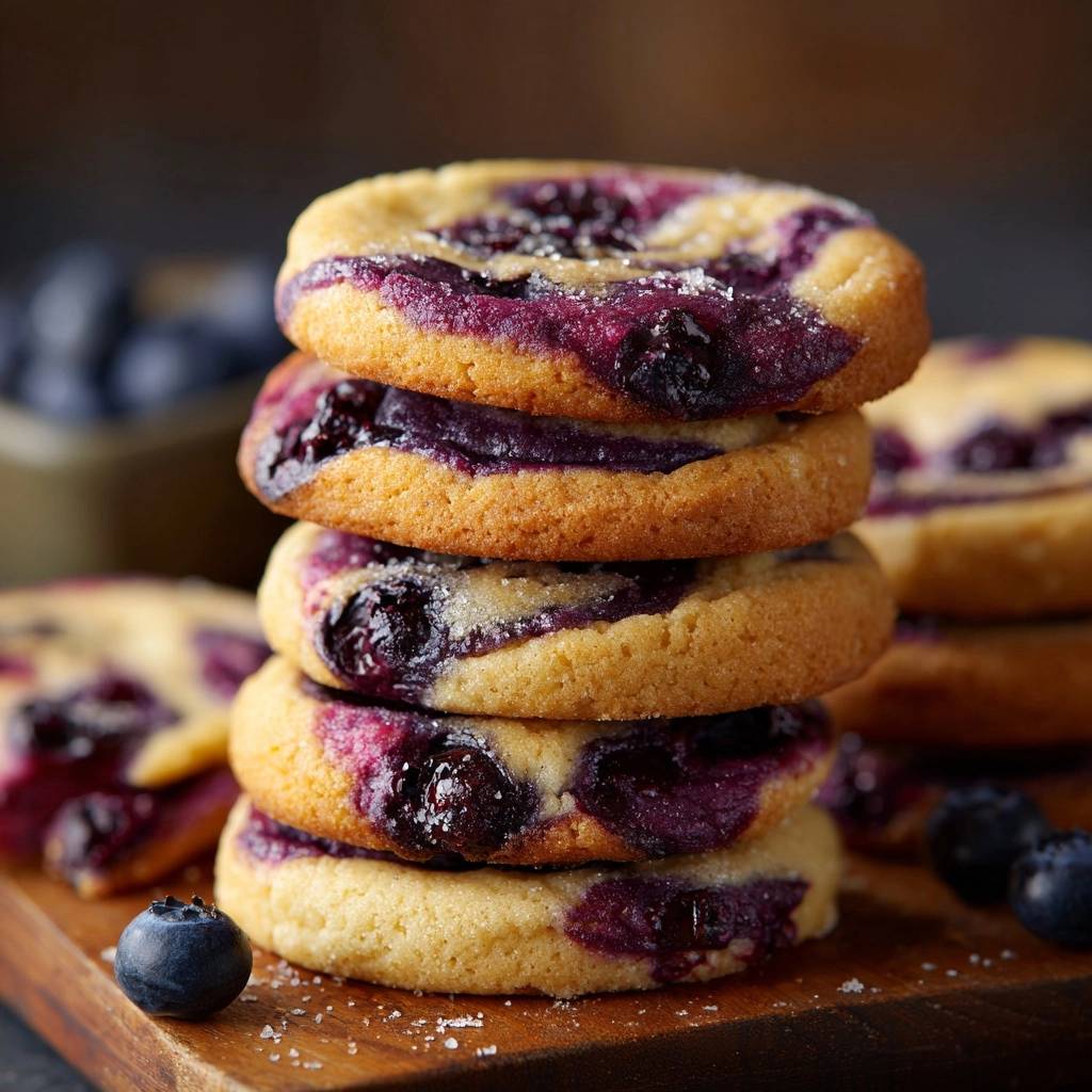 Saftige Blaubeer-Weiße-Schokoladen-Cookies, gestapelt und mit frischen Blaubeeren garniert auf einem Holzbrett.