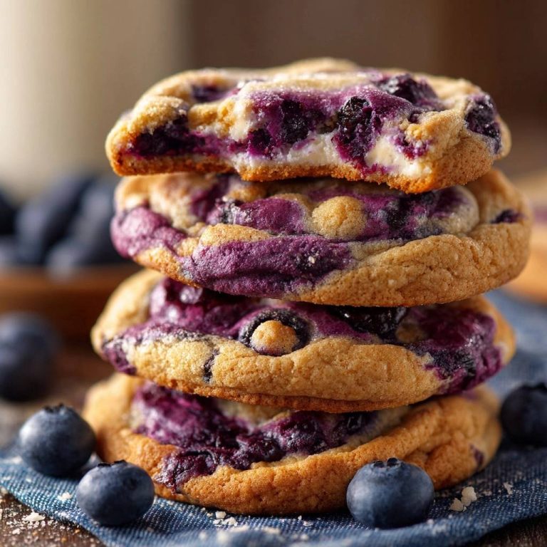 Saftige Blaubeer-Weiße-Schokoladen-Cookies, gestapelt und ein Cookie davon angeschnitten, mit frischen Blaubeeren im Vordergrund.