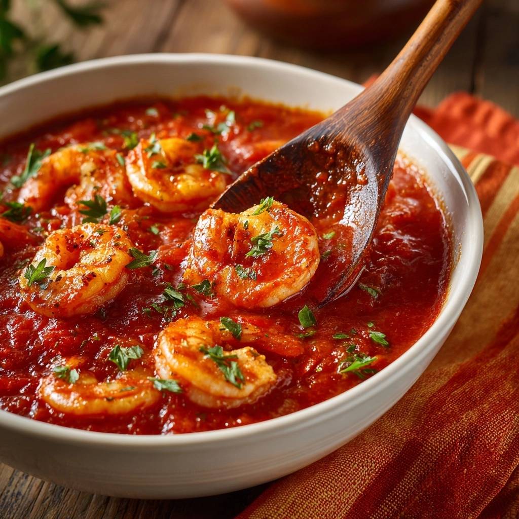 Saftige Garnelen in Tomatensauce, mit einem Holzlöffel, der eine Garnele aus der Sauce hebt, garniert mit Petersilie.