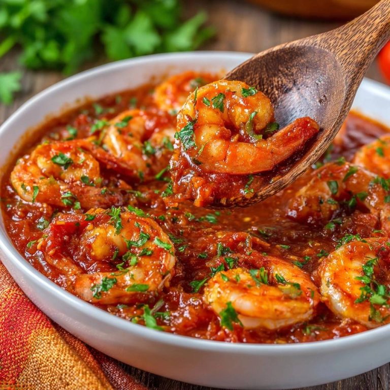 Saftige Garnelen in Tomatensauce, eine Garnele wird mit einem Holzlöffel aus der Schüssel gehoben.