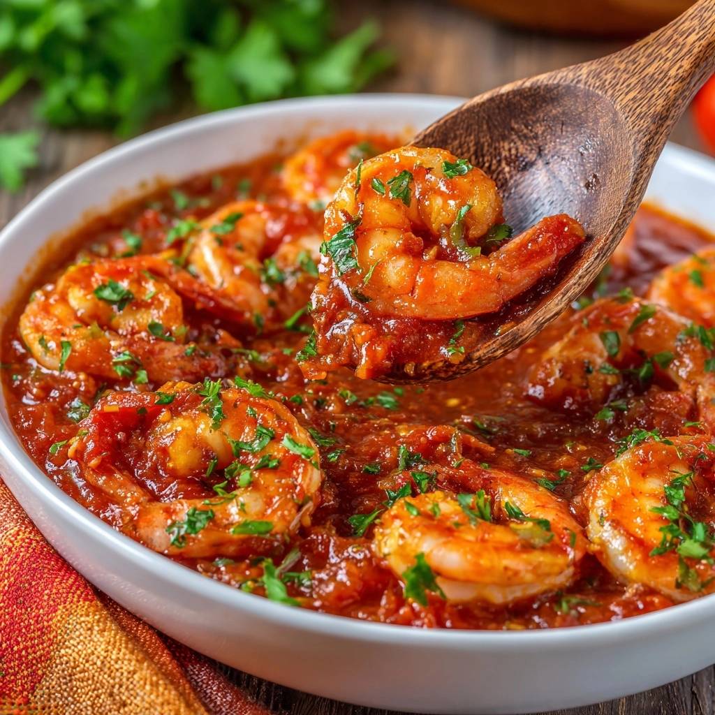 Saftige Garnelen in Tomatensauce, eine Garnele wird mit einem Holzlöffel aus der Schüssel gehoben.