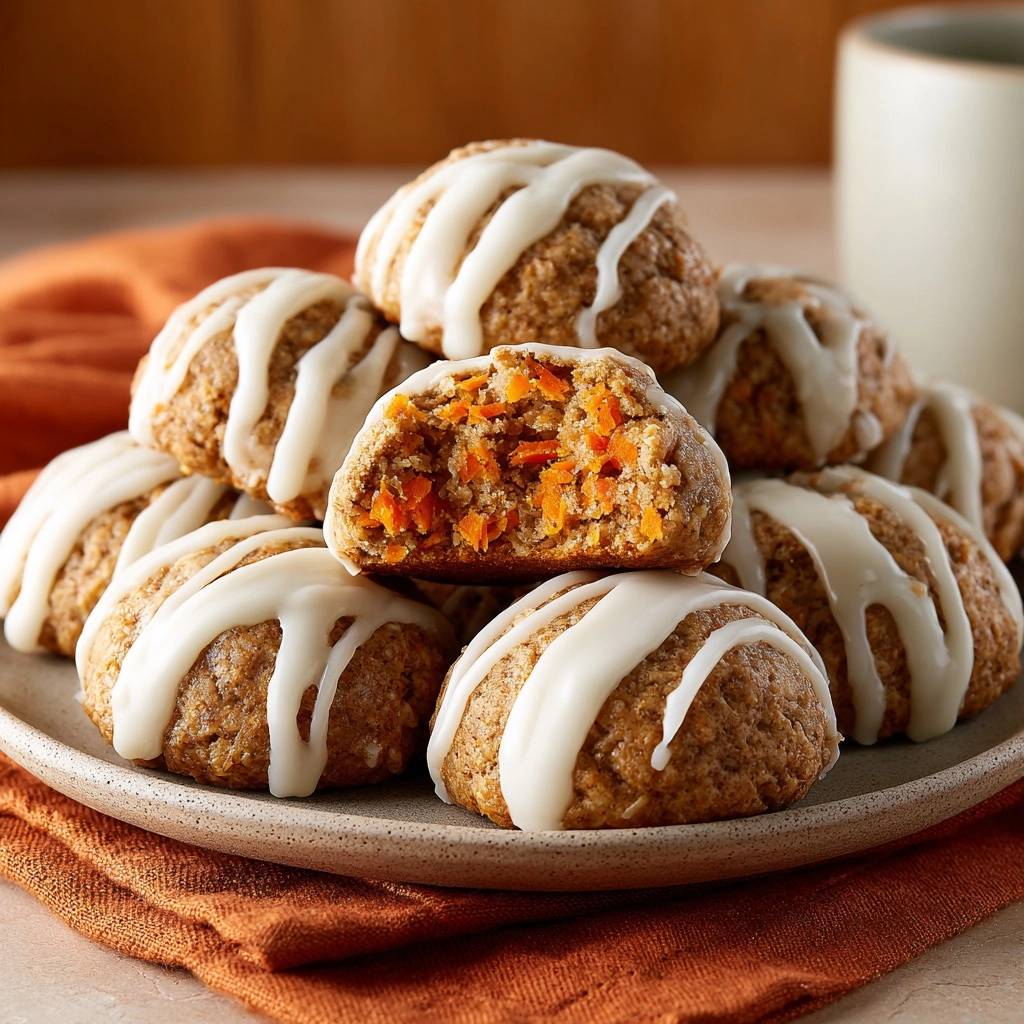 Saftige Karottenkekse angeschnitten mit Zuckerguss, die innen feuchte Karottenstücke zeigen.