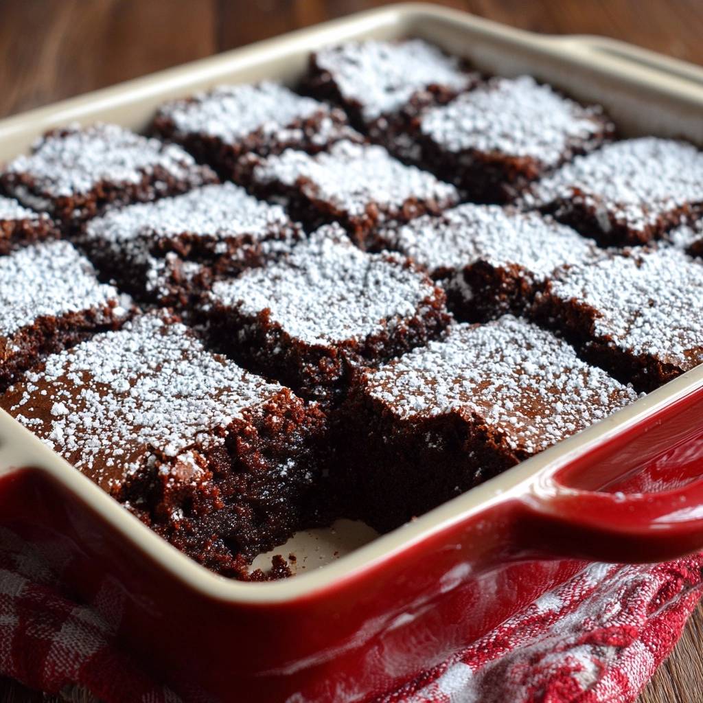 Saftige Schoko-Brownies, frisch aus dem Ofen und mit Puderzucker bestäubt, in einer roten Auflaufform.