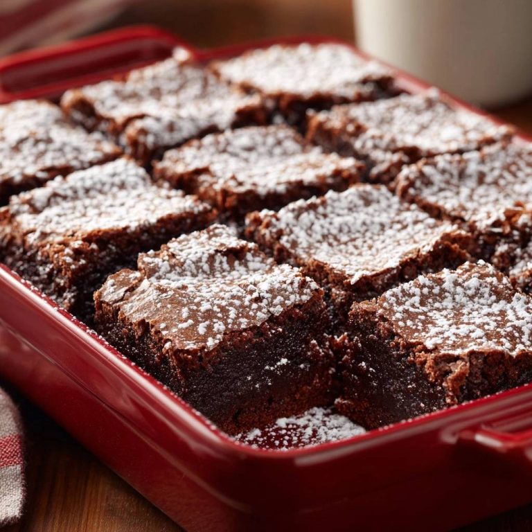 Saftige Schoko-Brownies in einer roten Form, mit Puderzucker bestreut und frisch angeschnitten