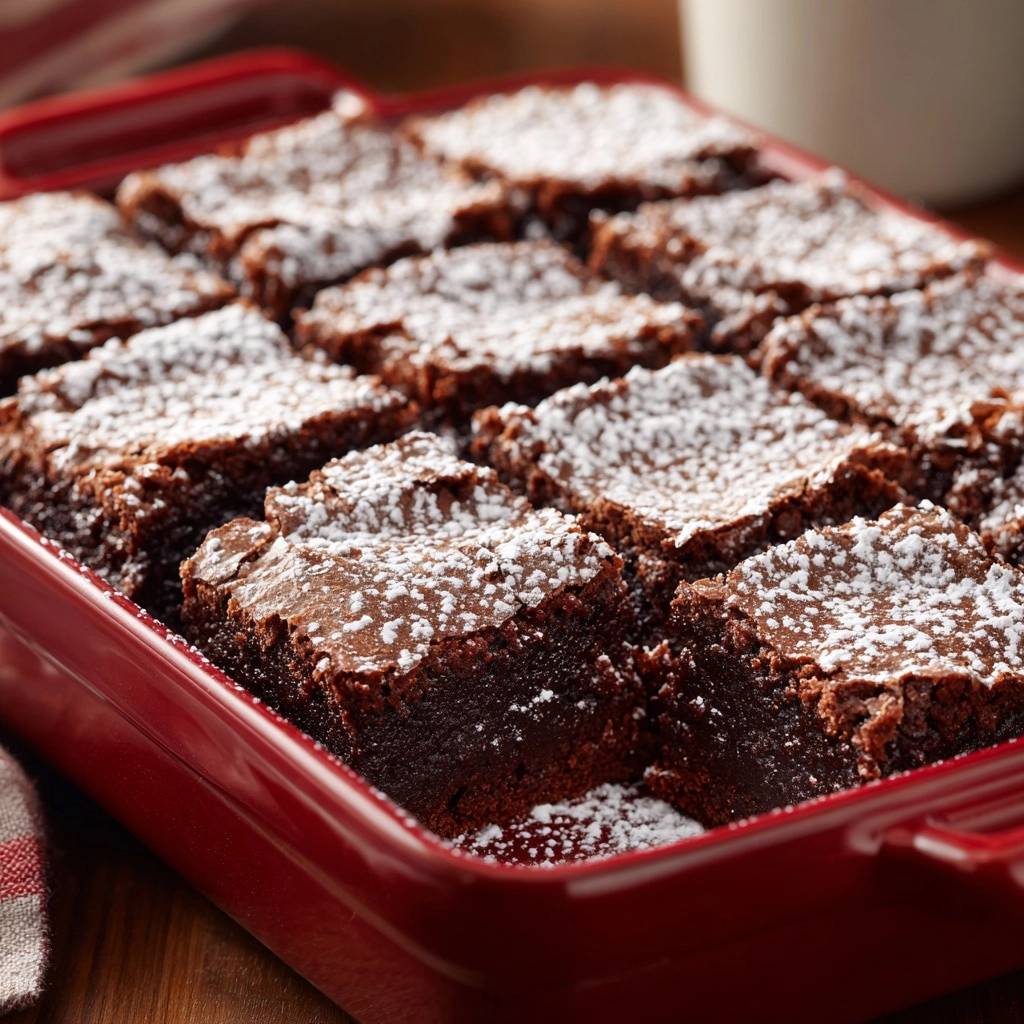 Saftige Schoko-Brownies in einer roten Form, mit Puderzucker bestreut und frisch angeschnitten