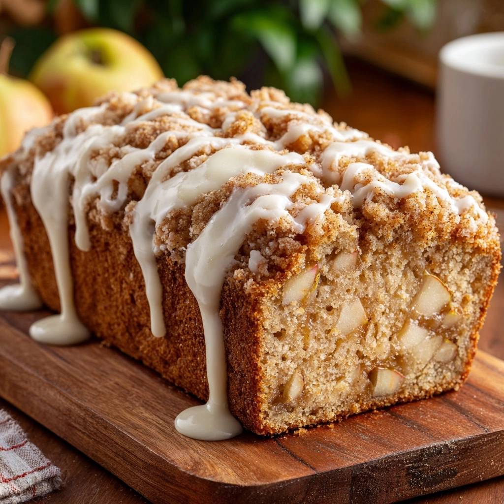 Saftiger Apfel-Streuselkuchen mit Zuckerguss, der über den Rand läuft und eine saftige Apfelfüllung zeigt.