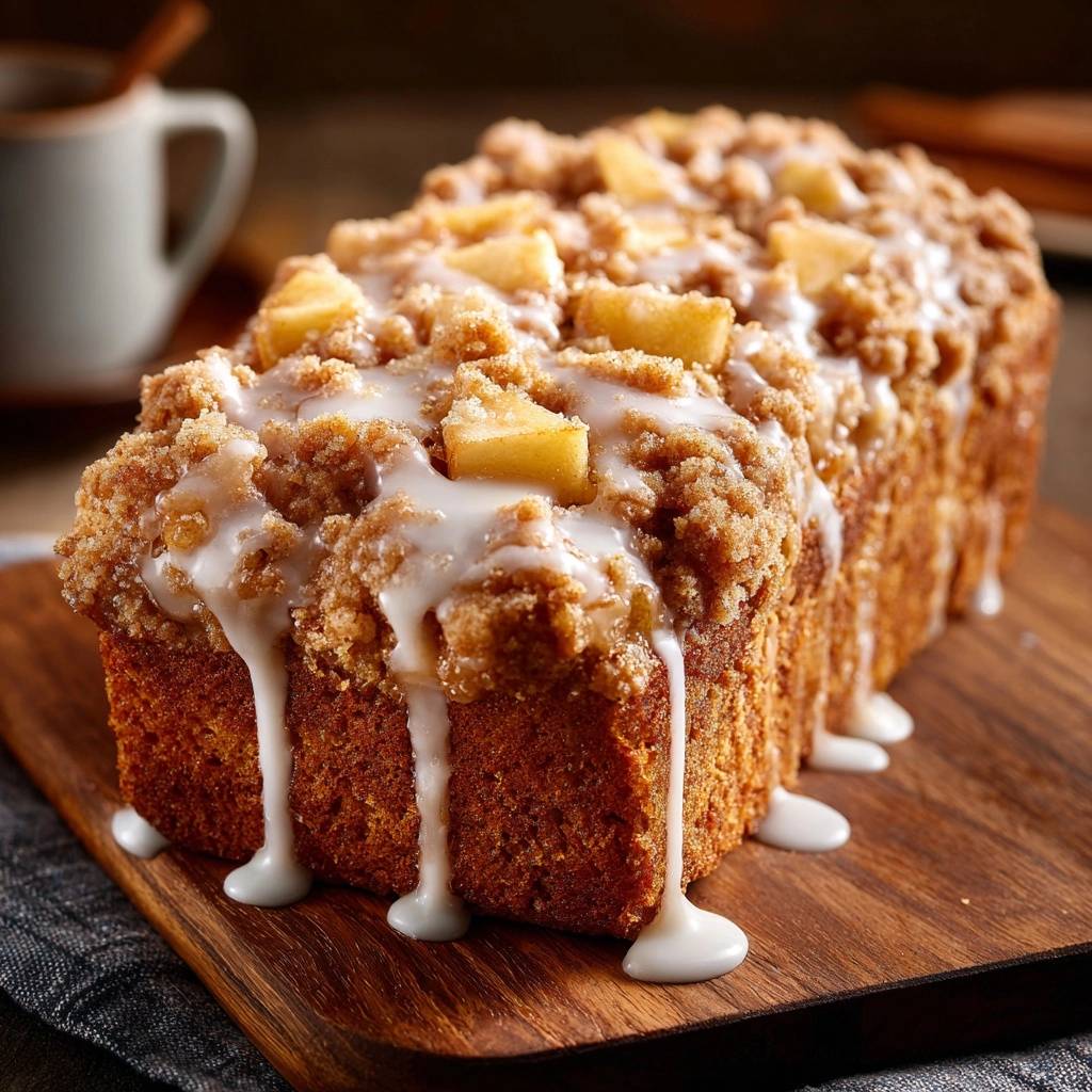 Saftiger Apfel-Streuselkuchen mit einer süßen Glasur, die langsam über die Seiten tropft.