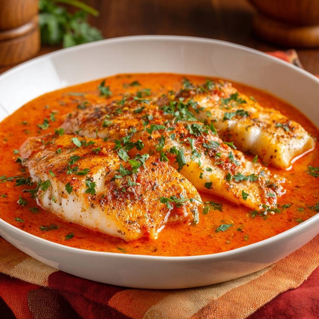 Saftiger Fisch in würziger Tomatensauce, eine Nahaufnahme mit gehackter Petersilie als Garnitur.