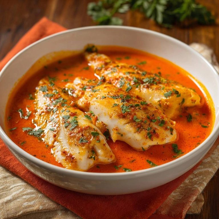 Saftiger Fisch in würziger Tomatensauce, serviert in einer weißen Schüssel, nahaufnahme der garnierten Fischfilets.