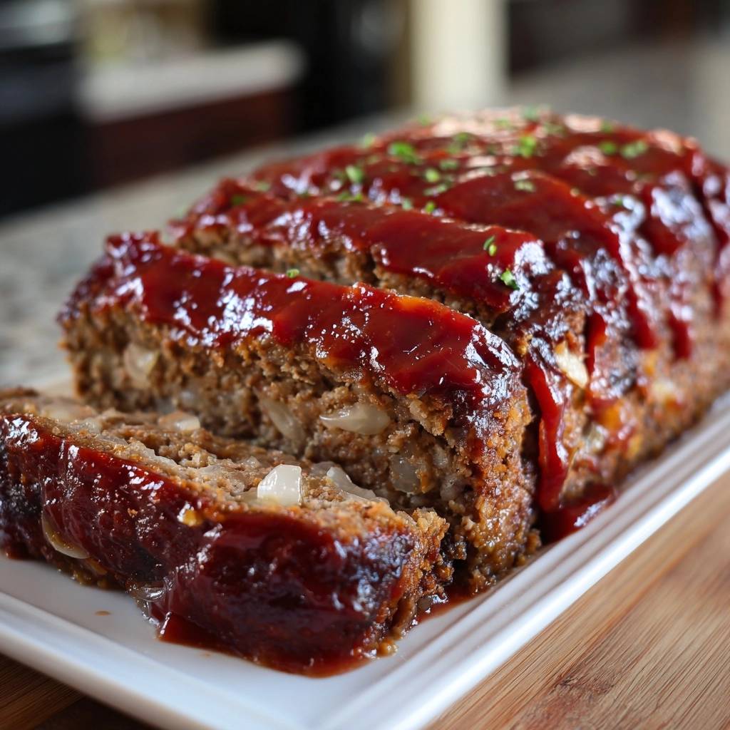 Saftiger Hackbraten mit Tomatenglasur, angeschnitten und auf einer weißen Platte serviert, zeigt die Textur im Inneren.