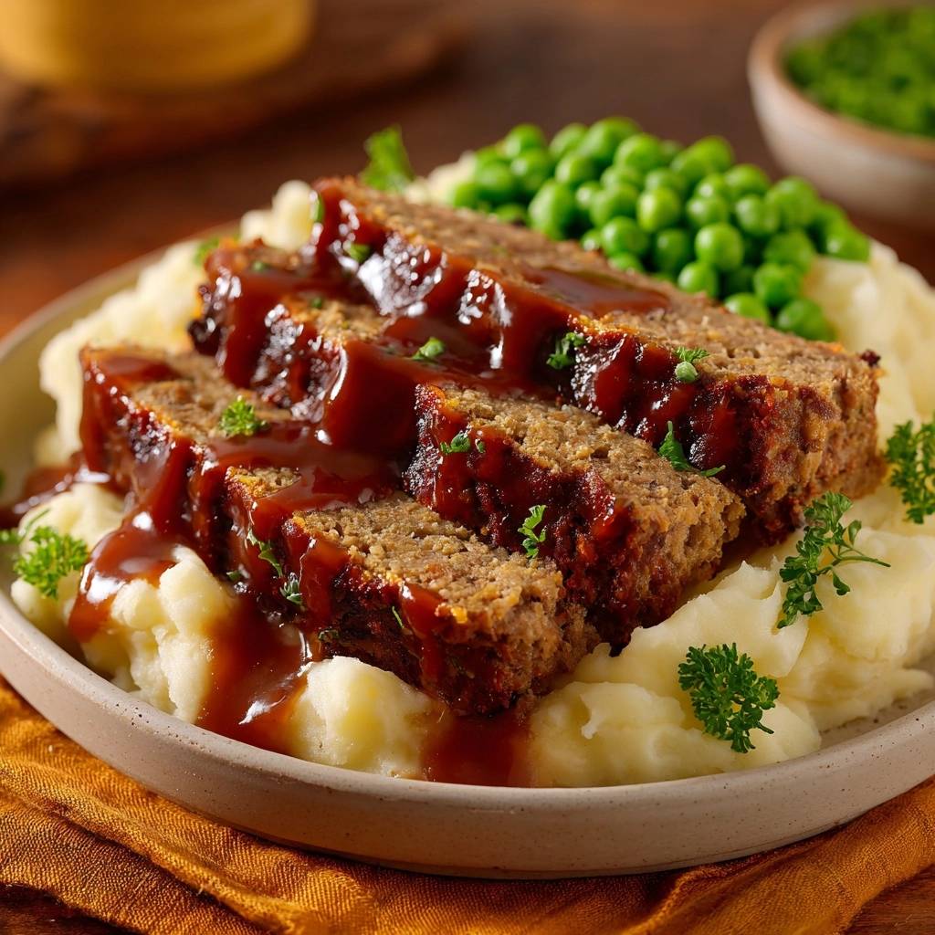 Saftiger Hackbraten mit Kartoffelpüree, Erbsen und Soße, angeschnitten und mit Soße beträufelt auf einem Teller serviert.
