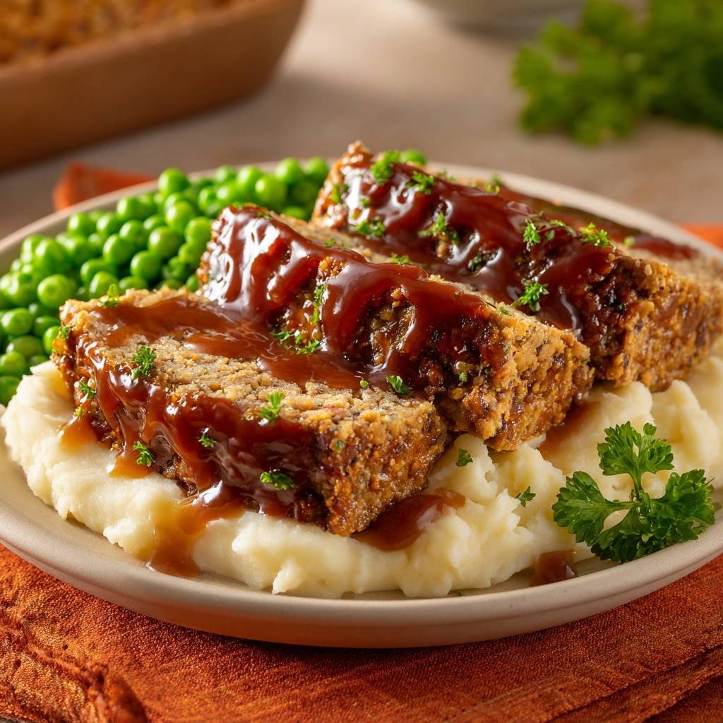 Saftiger Hackbraten mit Kartoffelpüree, Erbsen und Soße, serviert auf einem Teller mit Petersilie garniert.