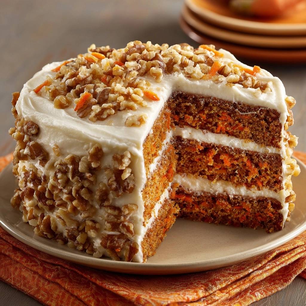 Saftiger Karottenkuchen mit Walnüssen angeschnitten, der die drei Schichten Kuchen und Frischkäse-Frosting zeigt.