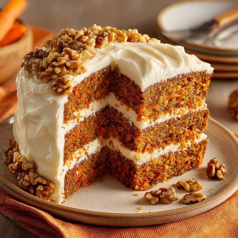 Saftiger Karottenkuchen mit Walnüssen, angeschnitten und mit drei Schichten Kuchen und Frischkäsecreme, garniert mit Walnüssen.