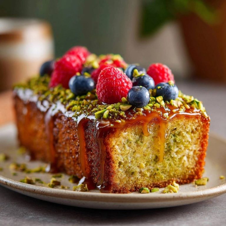Saftiger Pistazienkuchen mit Beeren und Karamellsoße, angeschnitten und auf einem Teller serviert, mit detailreicher Ansicht des Kuchens.