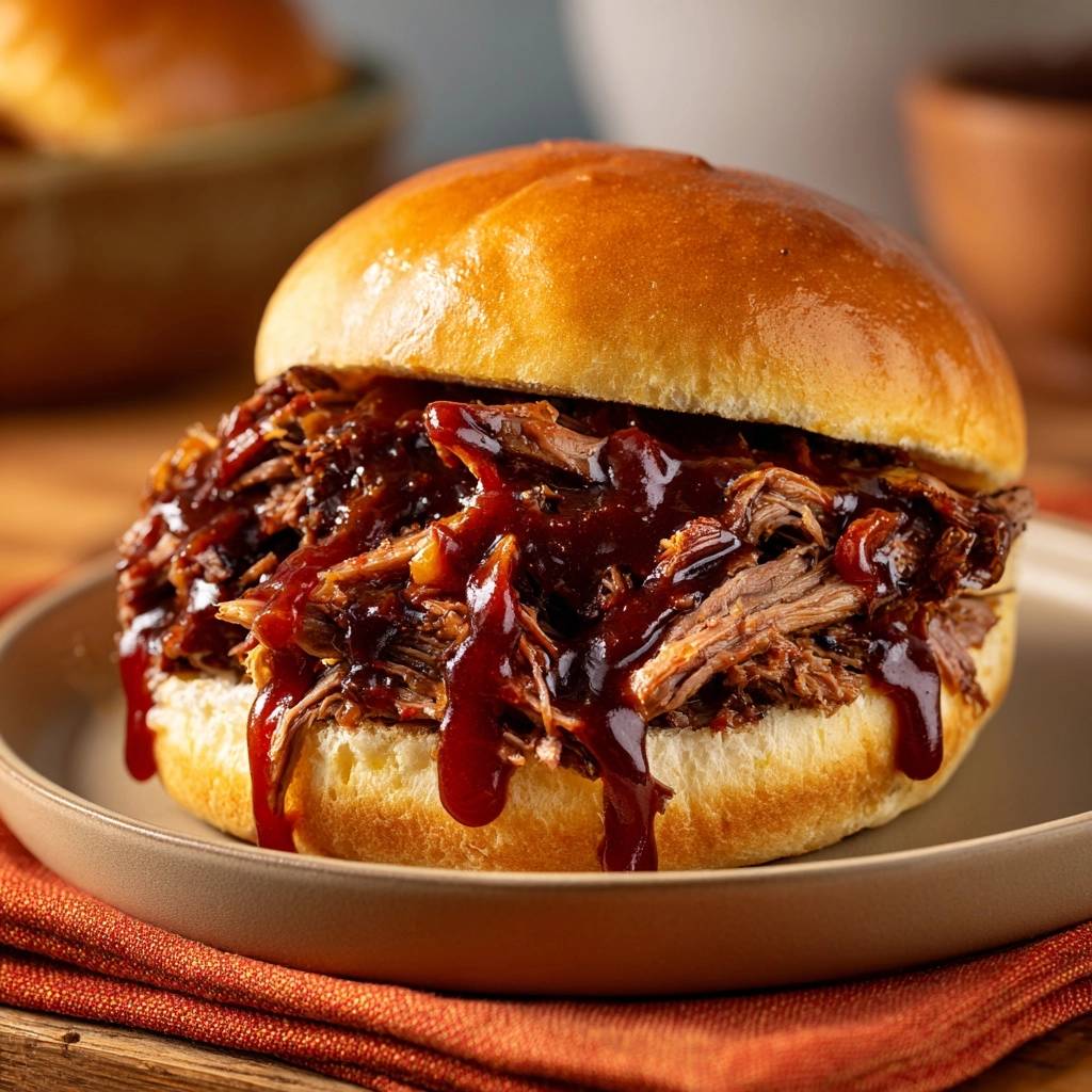 Saftiger Pulled Beef Burger, nah aufgenommen auf einem Teller mit Sauce, die über das Fleisch tropft.
