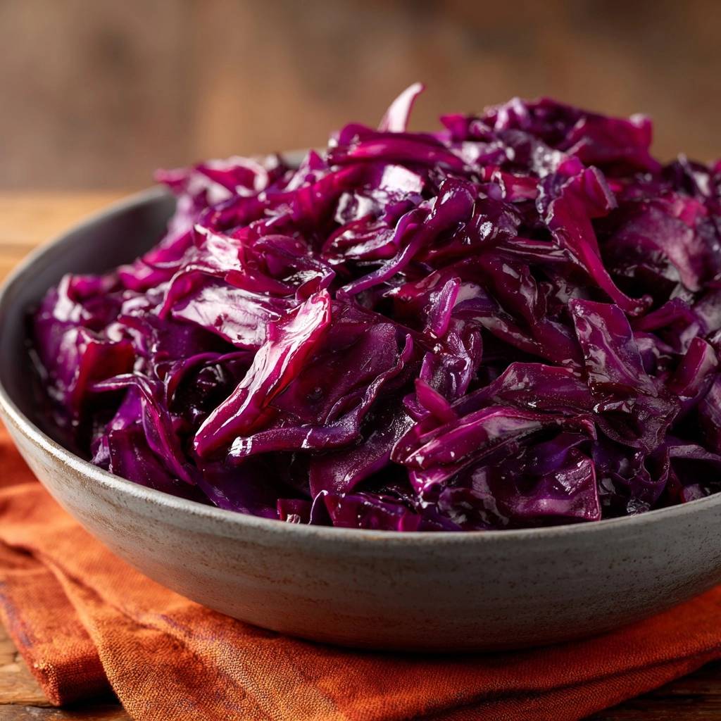 Saftiger Rotkohl in einer Schüssel, nahaufnahme der glänzenden, gekochten Kohlblätter auf einem orangen Tuch.