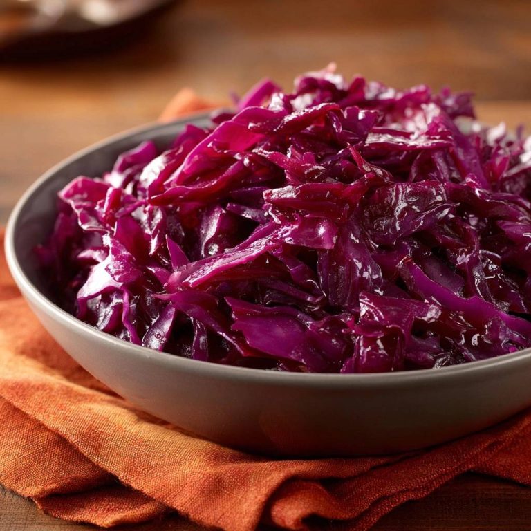 Saftiger Rotkohl in einer Schüssel auf einem orangen Tuch, Nahaufnahme der Textur und des Glanzes des gekochten Kohls.