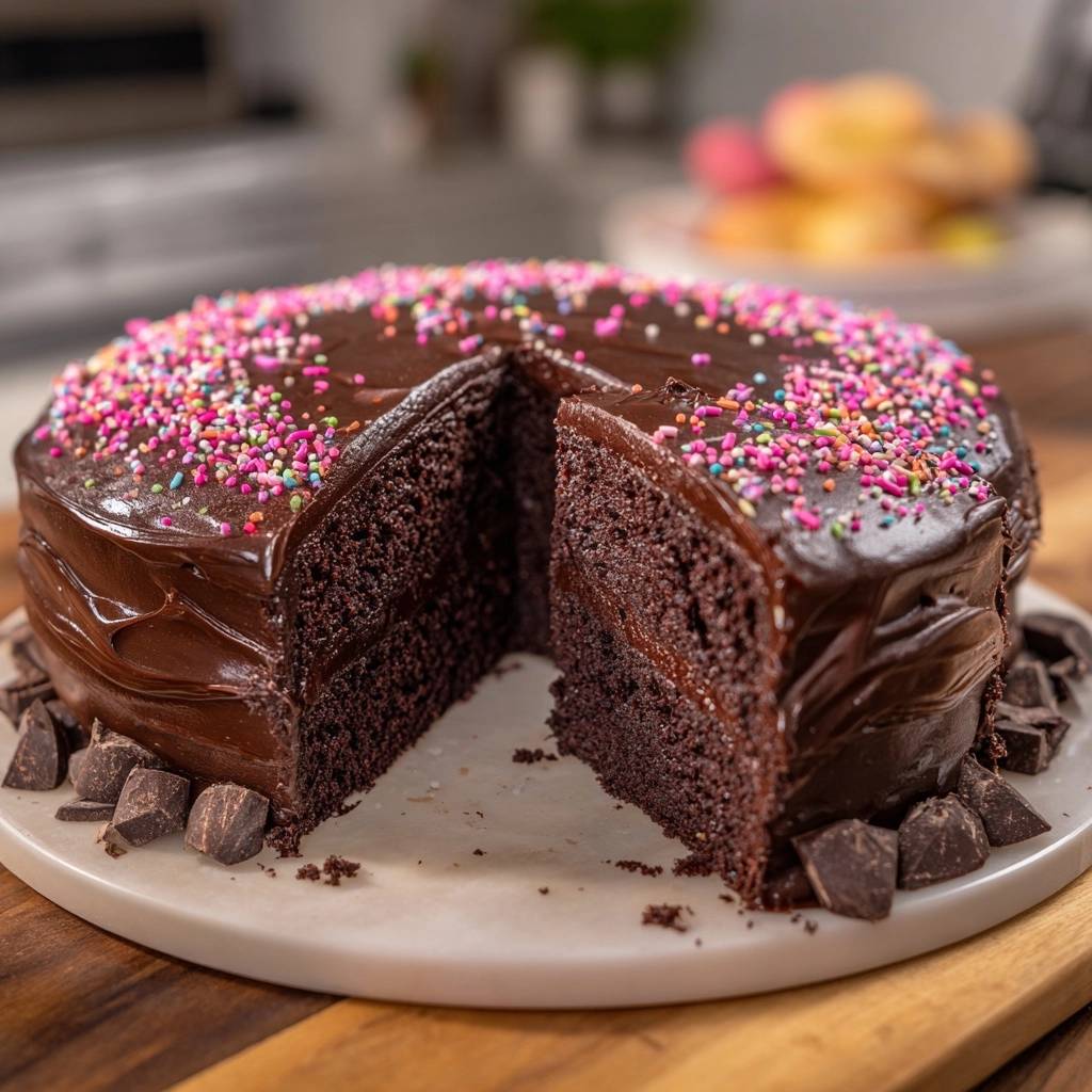 Saftiger Schokoladenkuchen mit Regenbogen-Streuseln angeschnitten, zeigt die feuchte Krume und Schokoladenglasur.