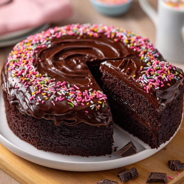Saftiger Schokoladenkuchen mit Regenbogen-Streuseln, ein Stück angeschnitten, um die Textur und die Schokoladenglasur zu zeigen.