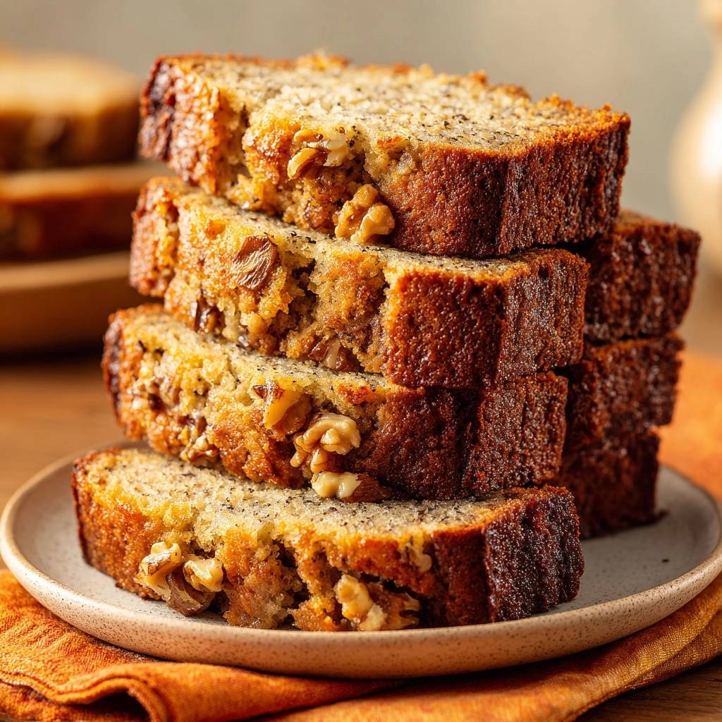 Saftiges Bananen-Walnuss-Brot als gestapelte Scheiben, die den saftigen Querschnitt mit Walnüssen zeigen.