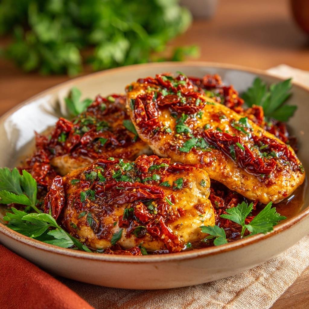 Saftiges Hähnchen mit sonnengetrockneten Tomaten, serviert mit frischer Petersilie und einer glänzenden Sauce in einer Schüssel.