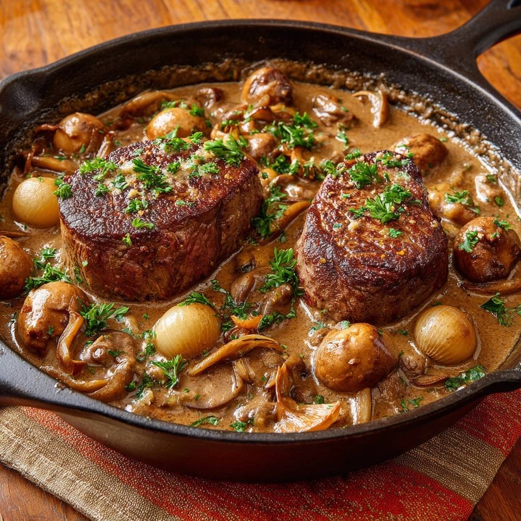 Saftiges Rindersteak mit cremiger Champignonsoße, serviert in einer gusseisernen Pfanne mit Garnitur.