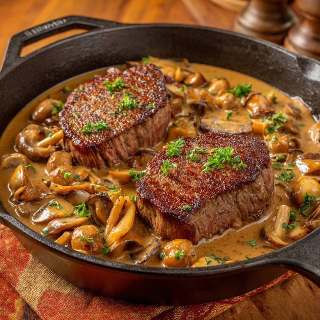 Saftiges Rindersteak mit cremiger Champignonsoße in einer Gusseisenpfanne, garniert mit Petersilie