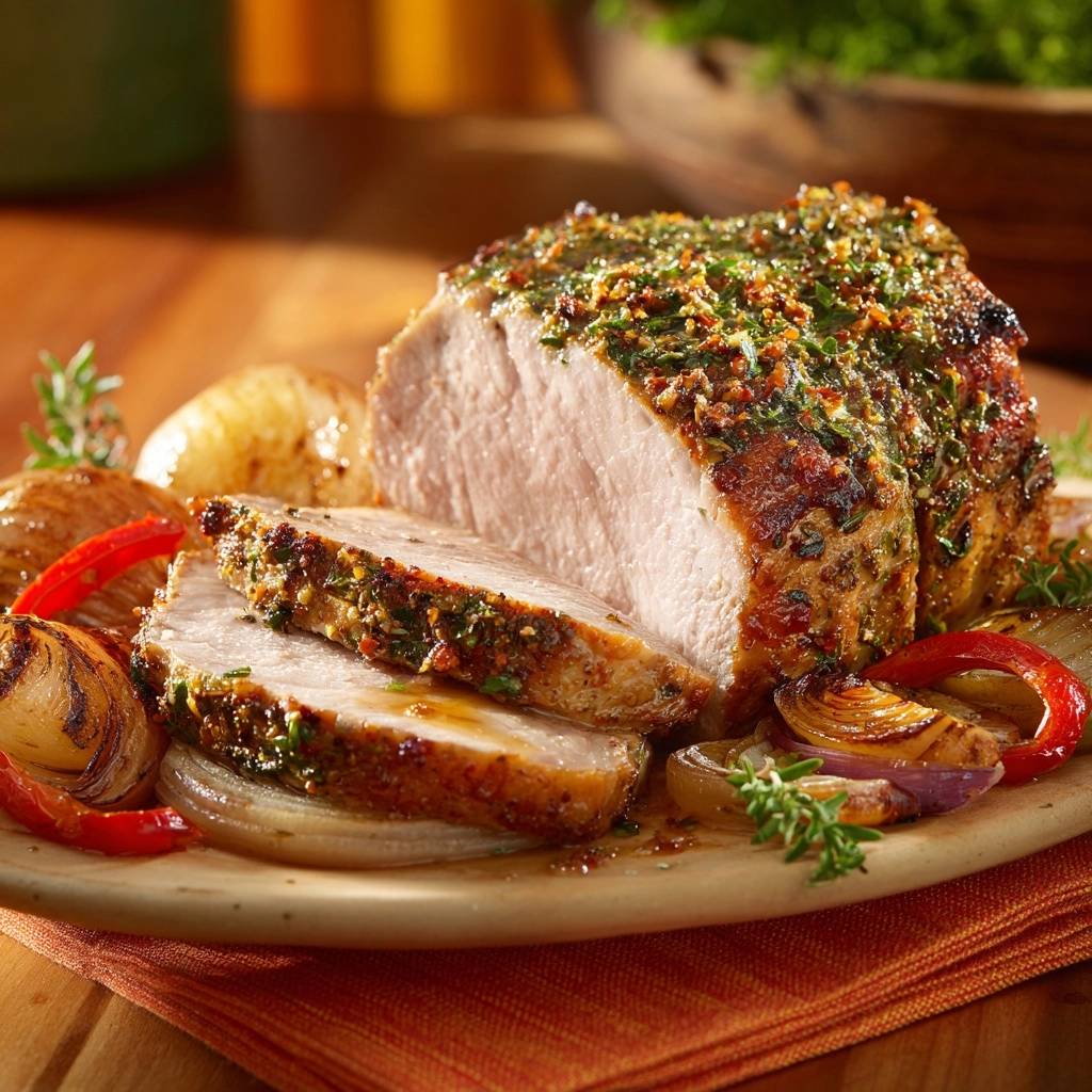 Saftiges Schweinefilet mit Kräuterkruste und Ofengemüse, angeschnitten auf einem Teller mit Beilagen.