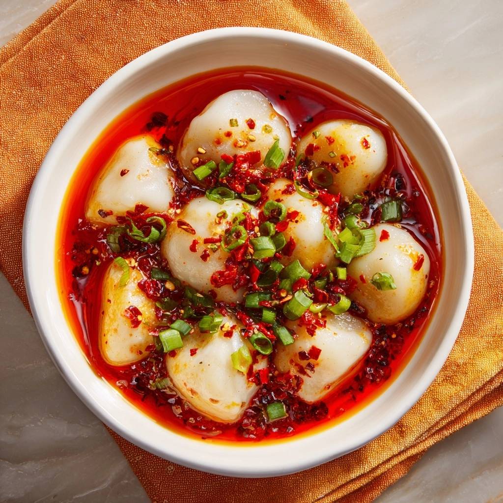 Scharfe Chiliöl-Dumplings, serviert in einer Schüssel mit frischen Frühlingszwiebeln und Chili-Flocken garniert.
