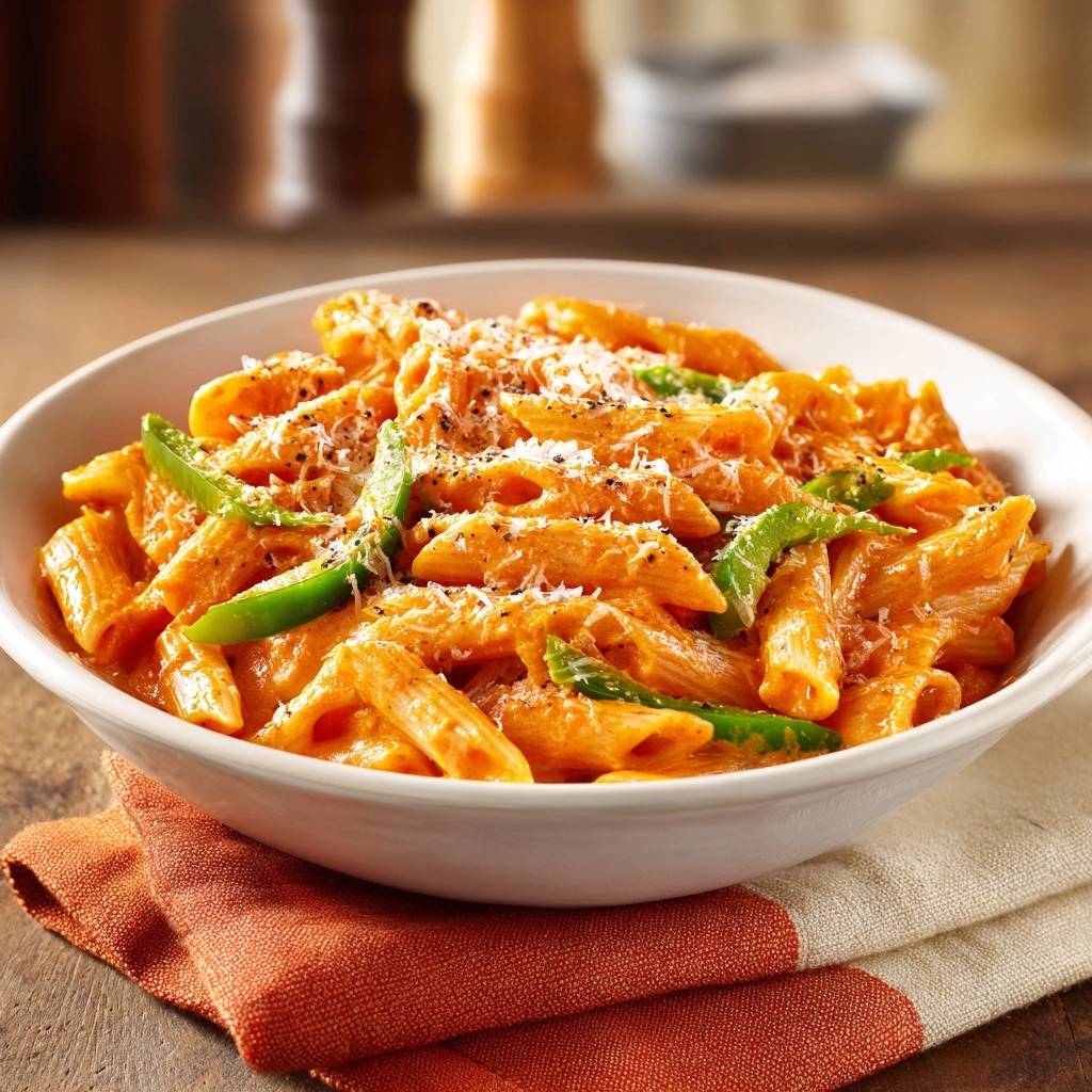 Scharfe Jalapeño-Rigatoni, cremig ohne Gerinnung, mit frisch geriebenem Parmesan und grünen Jalapeño-Stücken garniert in einer weißen Schüssel.