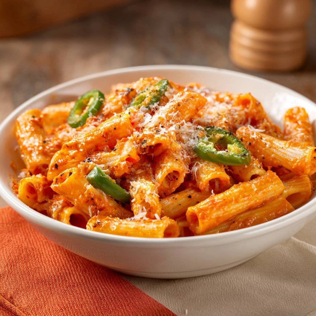 Scharfe Jalapeño-Rigatoni nahaufnahme mit cremiger Sauce und geriebenem Käse garniert.